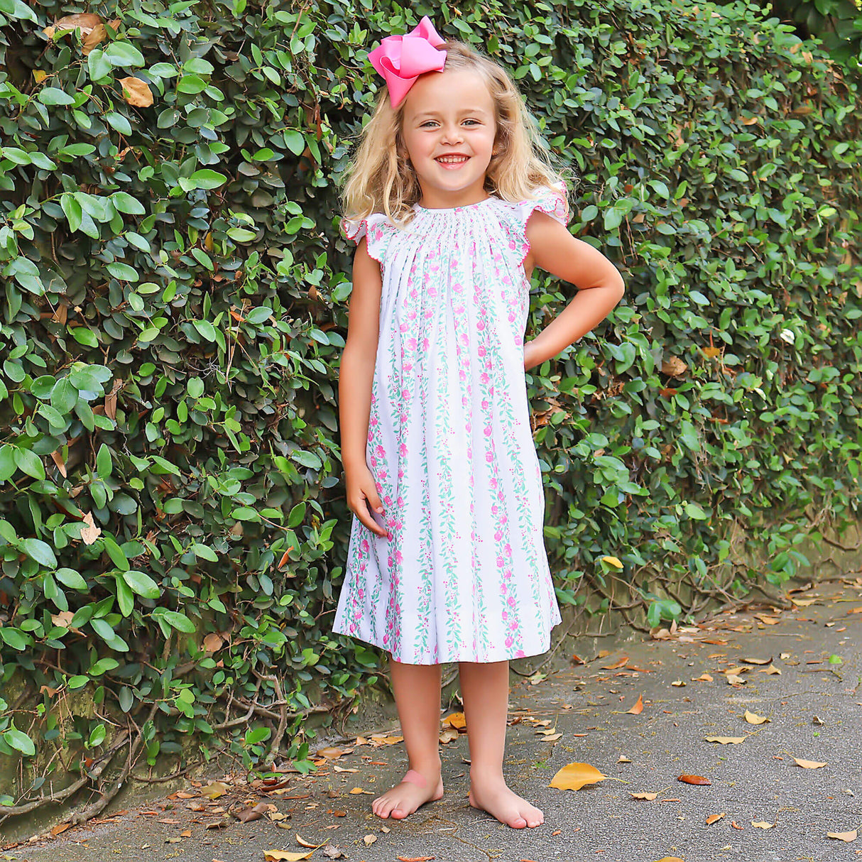 Pink Rose Floral Smocked Angel Sleeve Dress