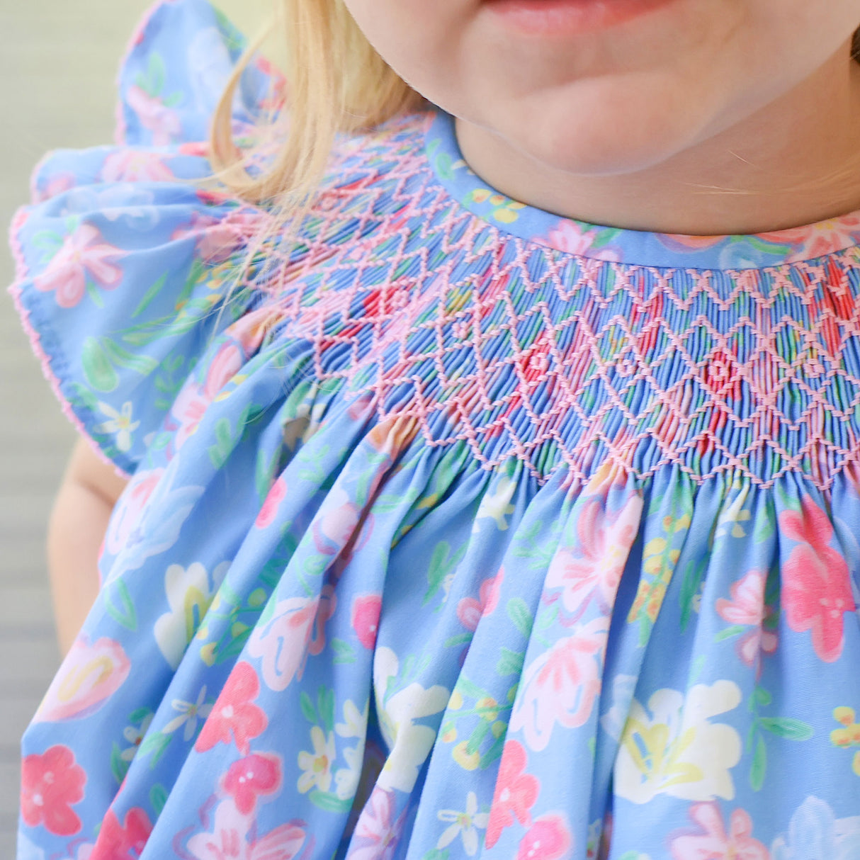 Evergrace Floral Blue Smocked Angel Sleeve Bloomer Set