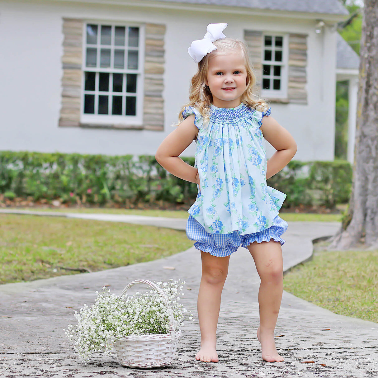 Happy Spring Blue Floral Smocked Bloomer Set