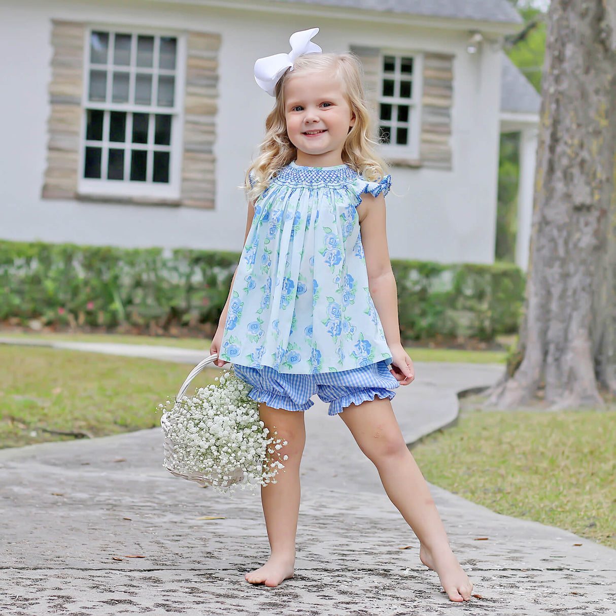 Happy Spring Blue Floral Smocked Bloomer Set