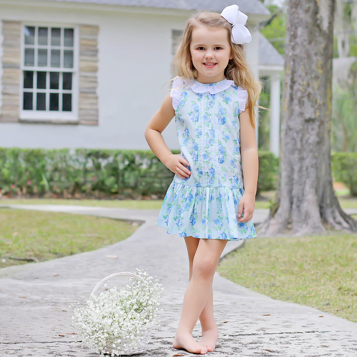 Happy Spring Blue Floral Ruffle Collared Dress