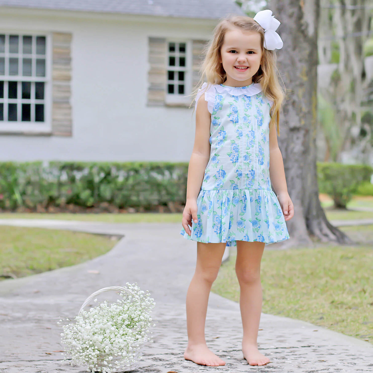 Happy Spring Blue Floral Ruffle Collared Dress