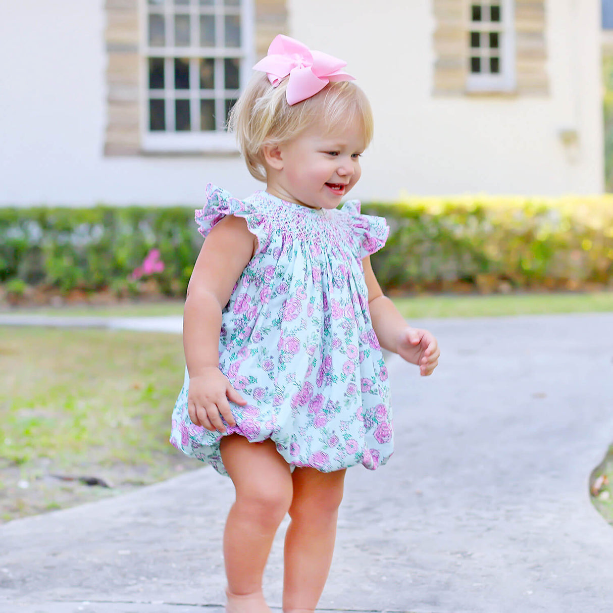 Flower Child Pink Smocked Angel Sleeve Bubble