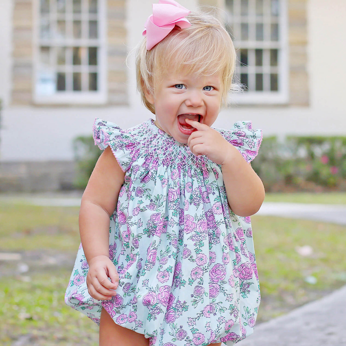 Flower Child Pink Smocked Angel Sleeve Bubble