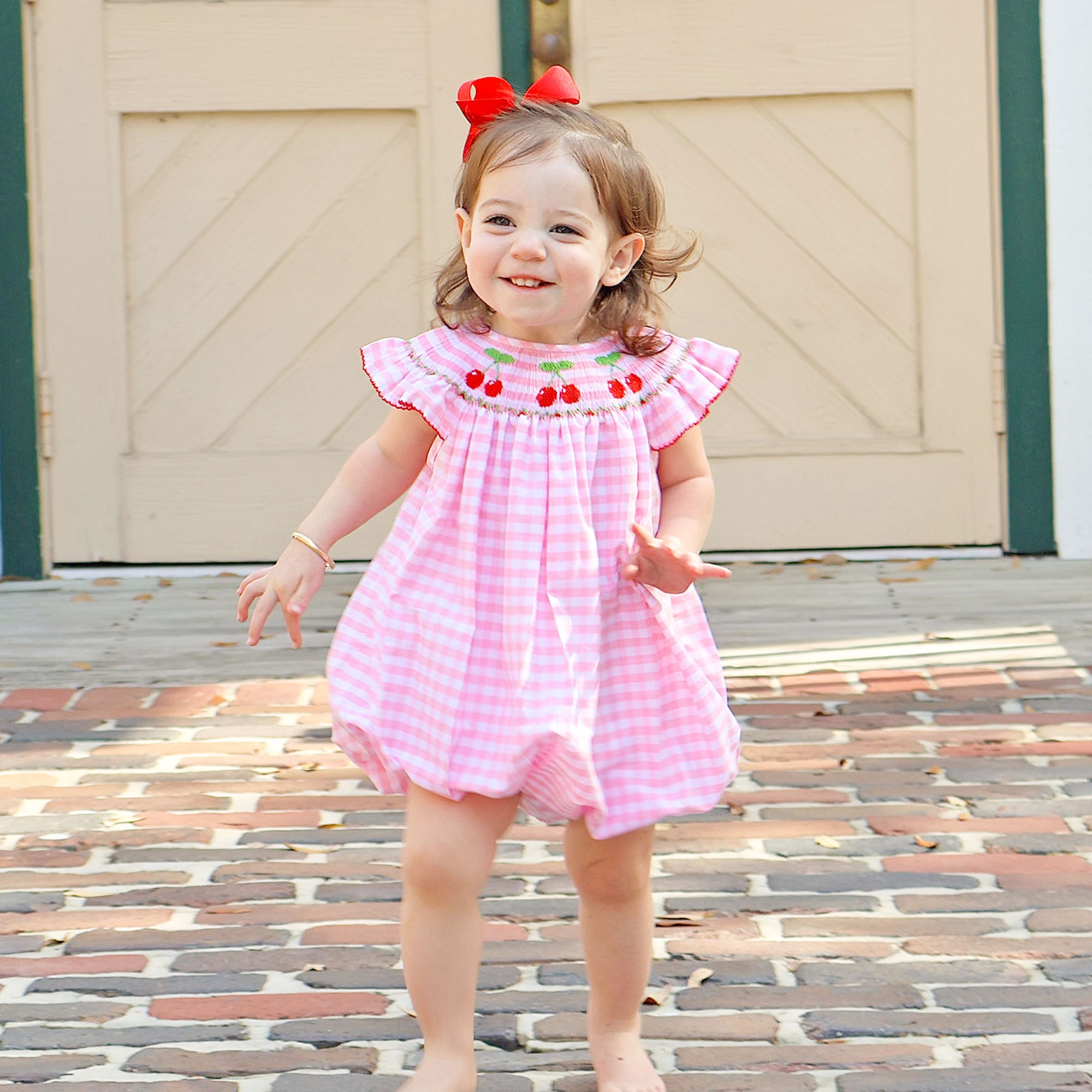 Cherry Smocked Pink Gingham Angel Sleeve Bubble – Classic Whimsy