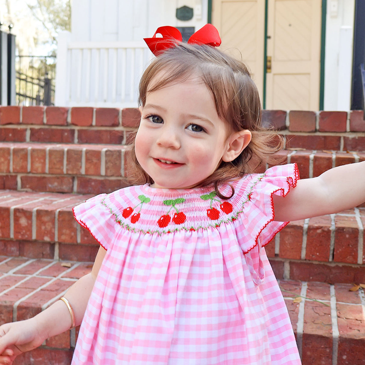 Cherry Smocked Pink Gingham Angel Sleeve Bubble