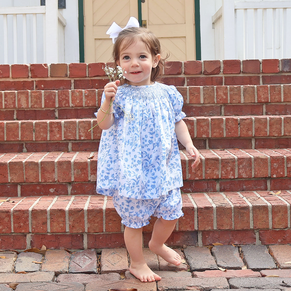 Blue Floral Smocked Bishop Bloomer Set