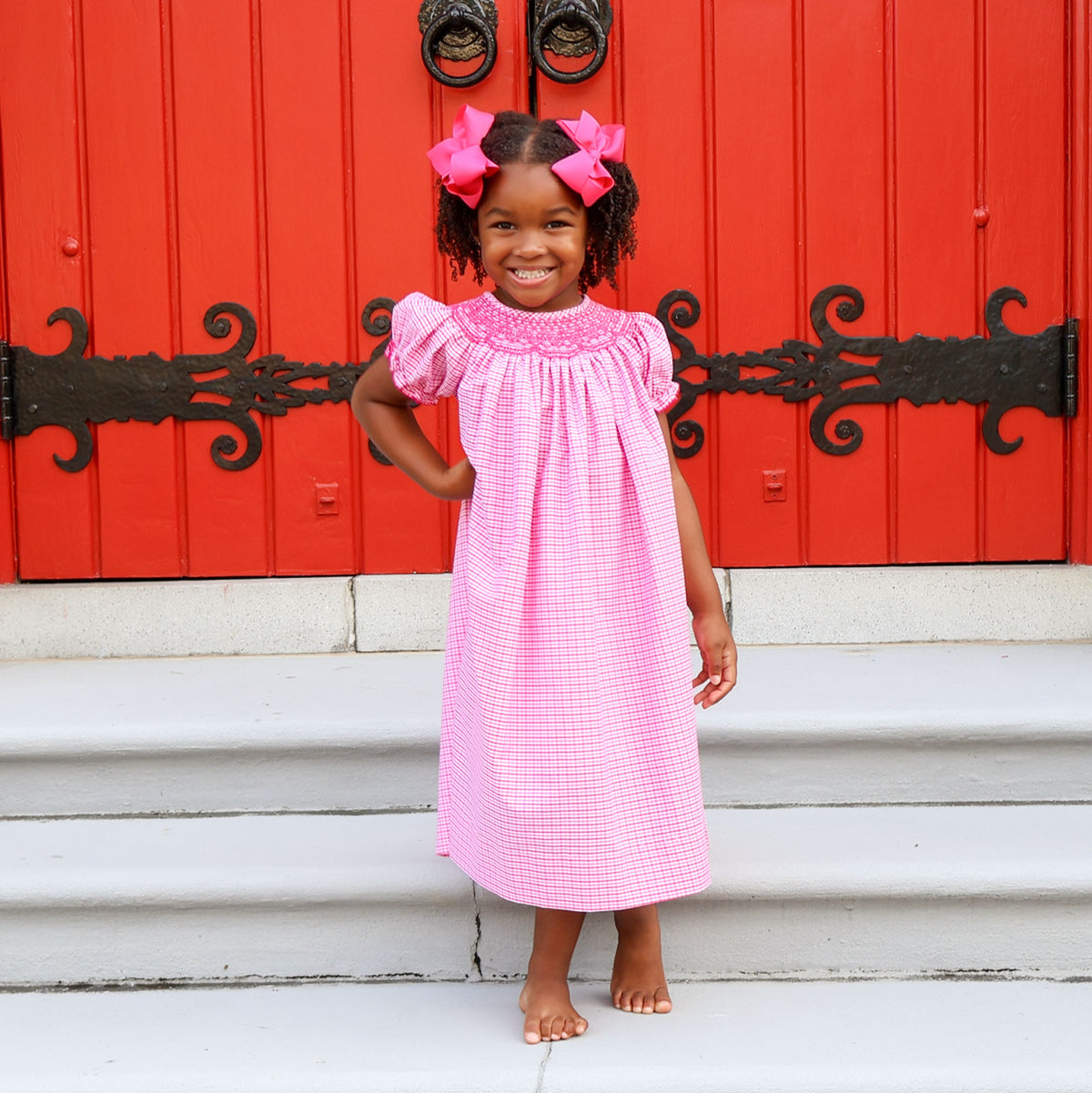 Pink Plaid Smocked Bishop Dress