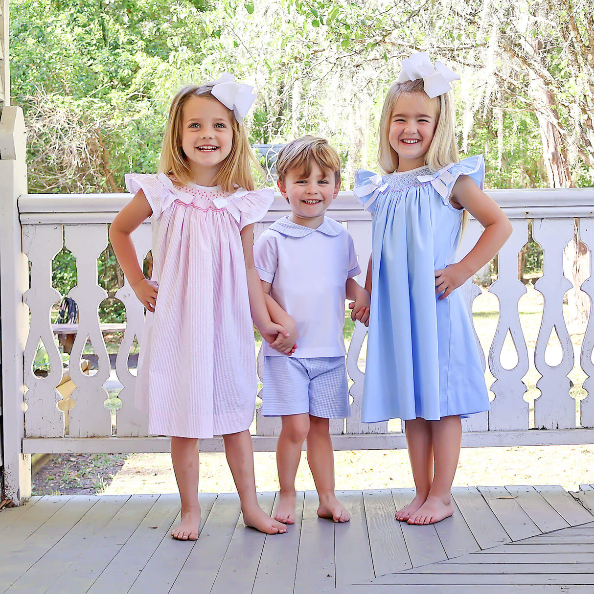 Blue Pique Smocked Bow Dress
