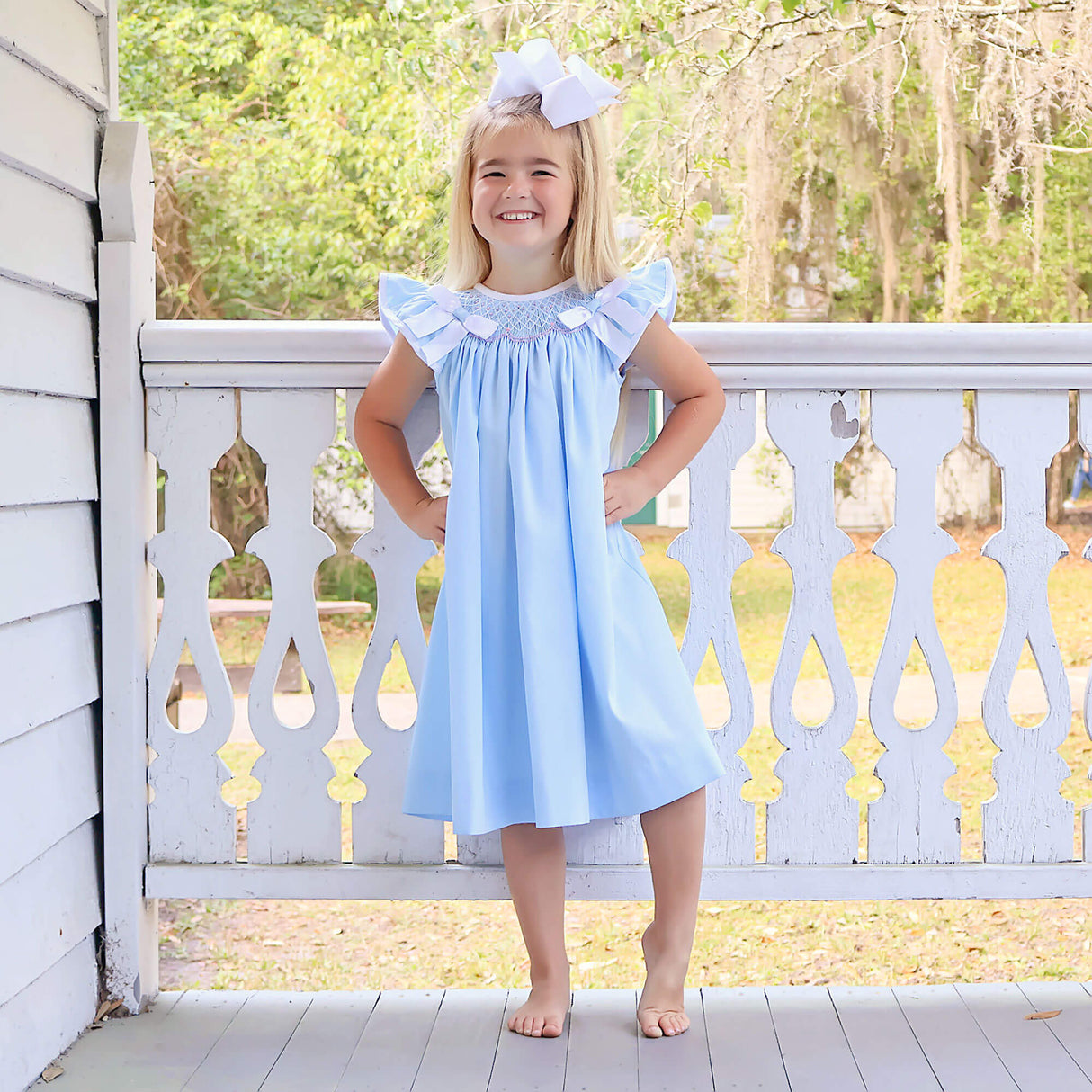 Blue Pique Smocked Bow Dress