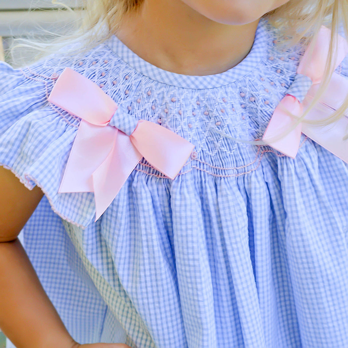 Spring In Blue Seersucker Smocked Bow Dress