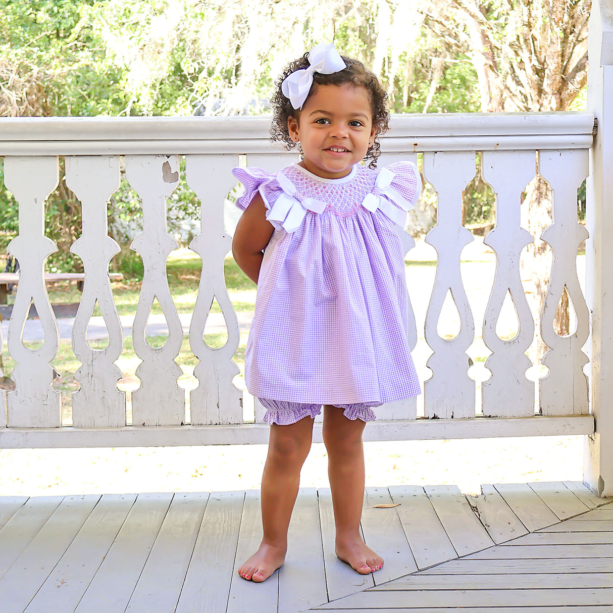 French Lavender Gingham Smocked Bow Bloomer Set