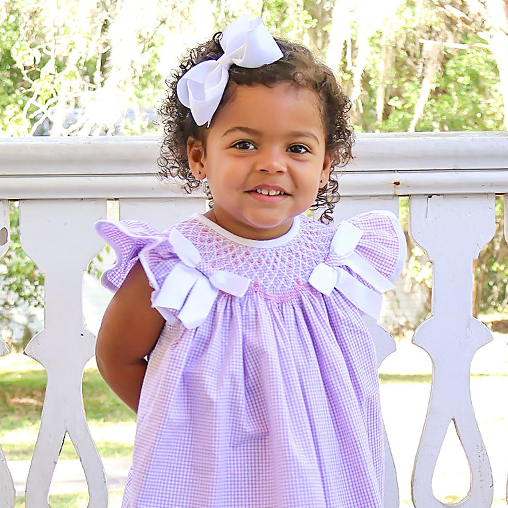 French Lavender Gingham Smocked Bow Bubble