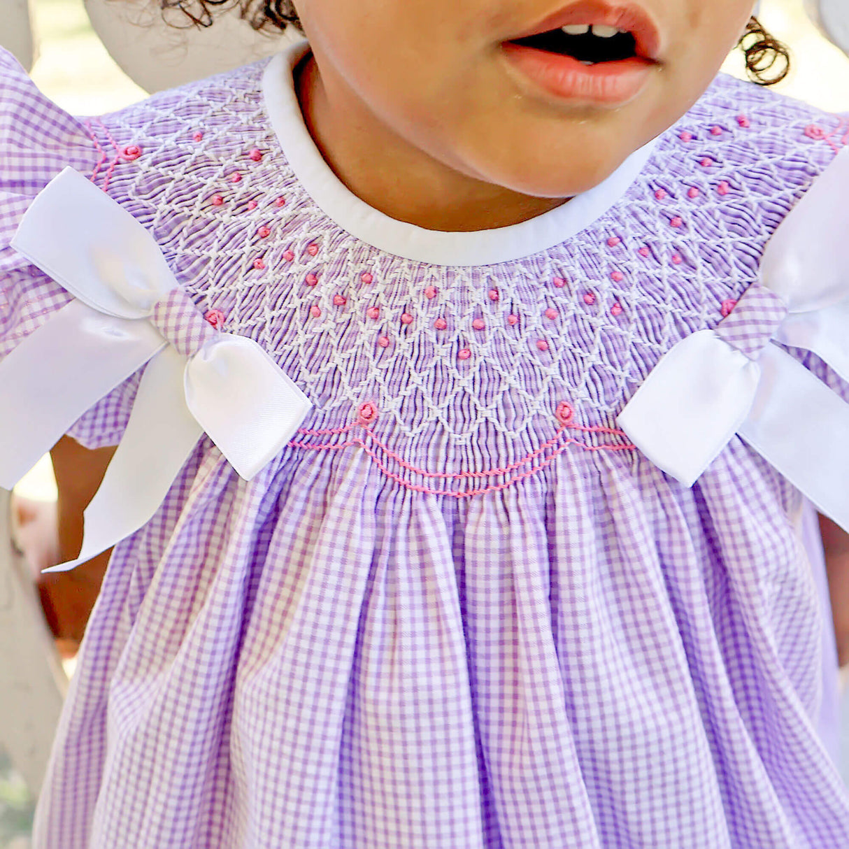 French Lavender Gingham Smocked Bow Dress
