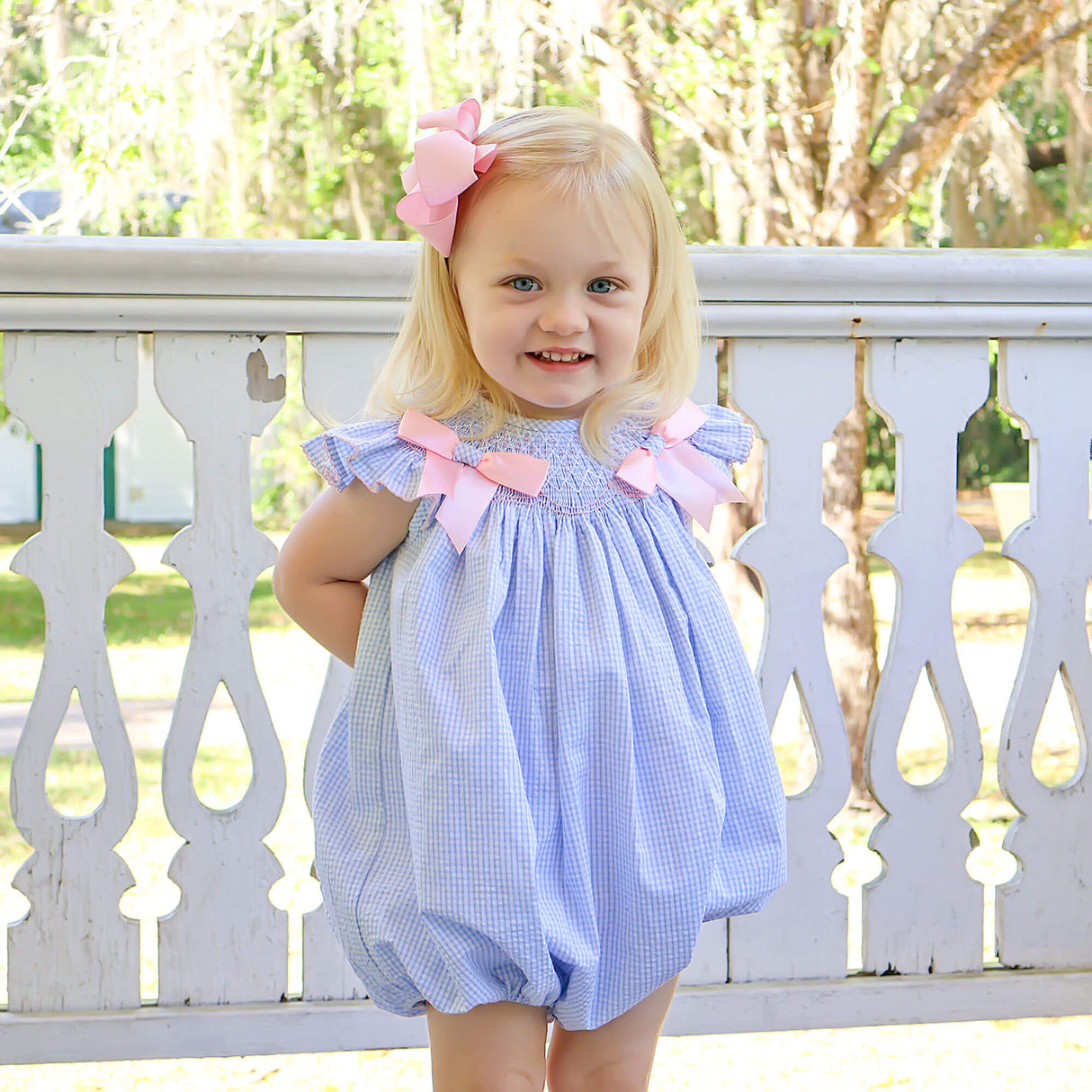 Spring In Blue Seersucker Smocked Bow Bubble