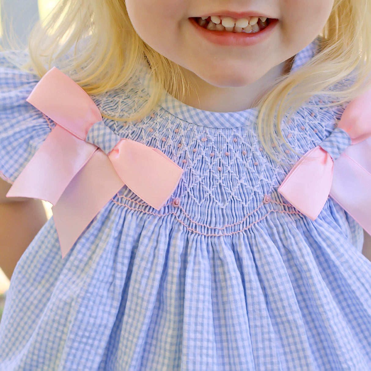 Spring In Blue Seersucker Smocked Bow Bubble