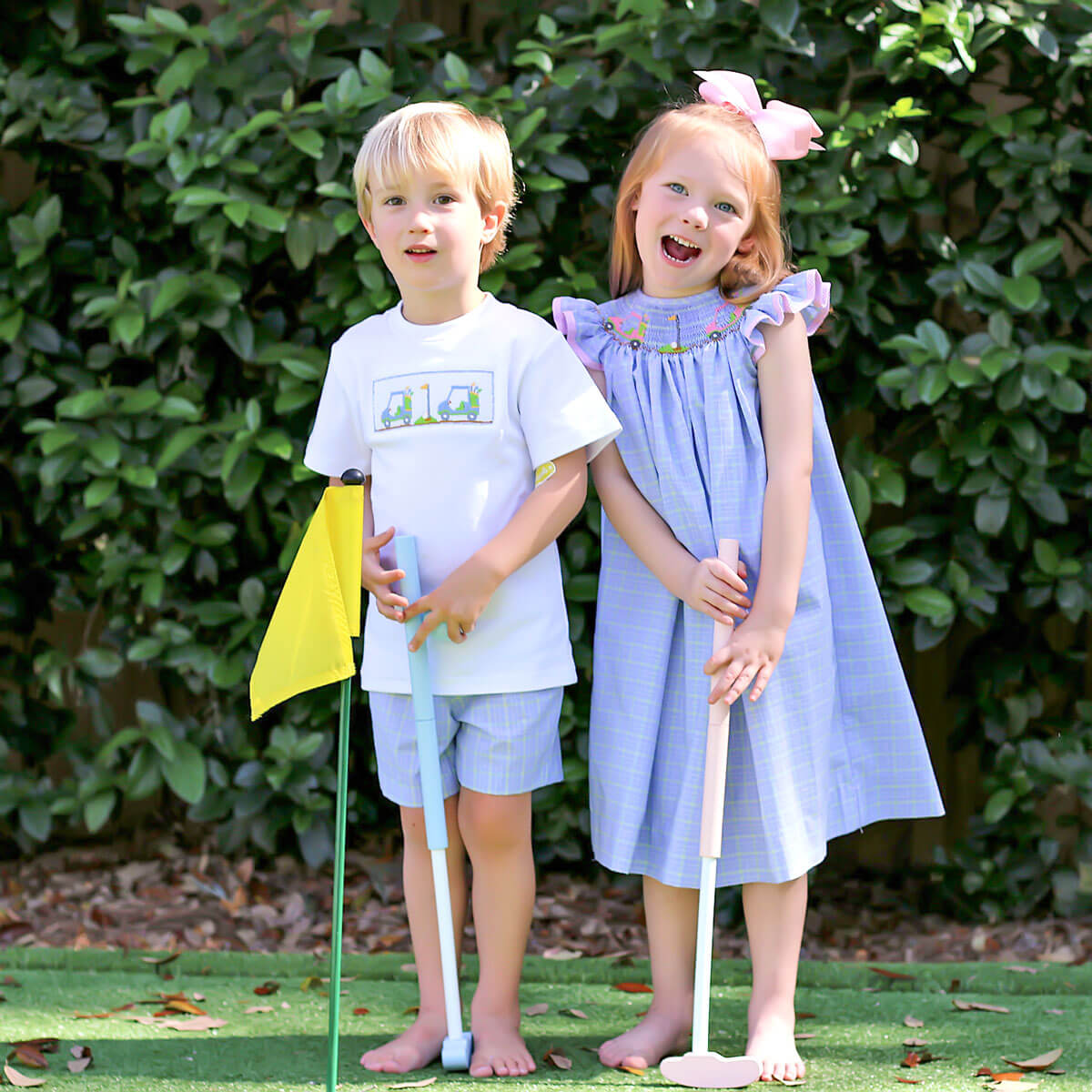 Play Golf Blue Plaid Smocked Angel Sleeve Dress