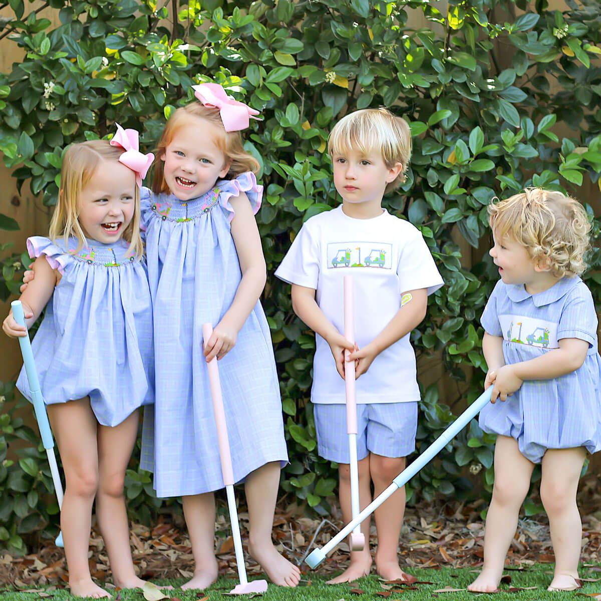 Play Golf Blue Plaid Smocked Angel Sleeve Bubble
