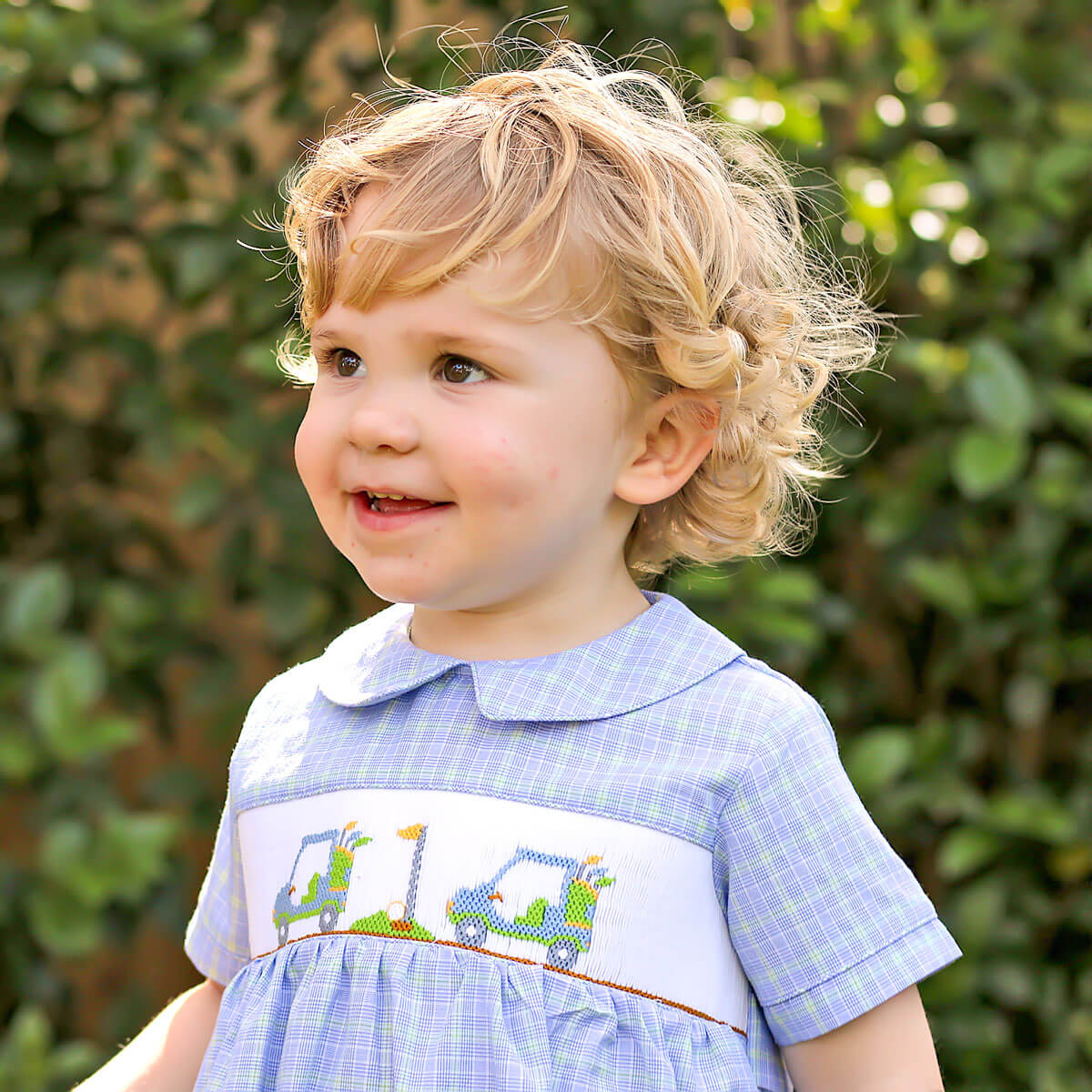 Play Golf Blue Plaid Smocked Collared Bubble