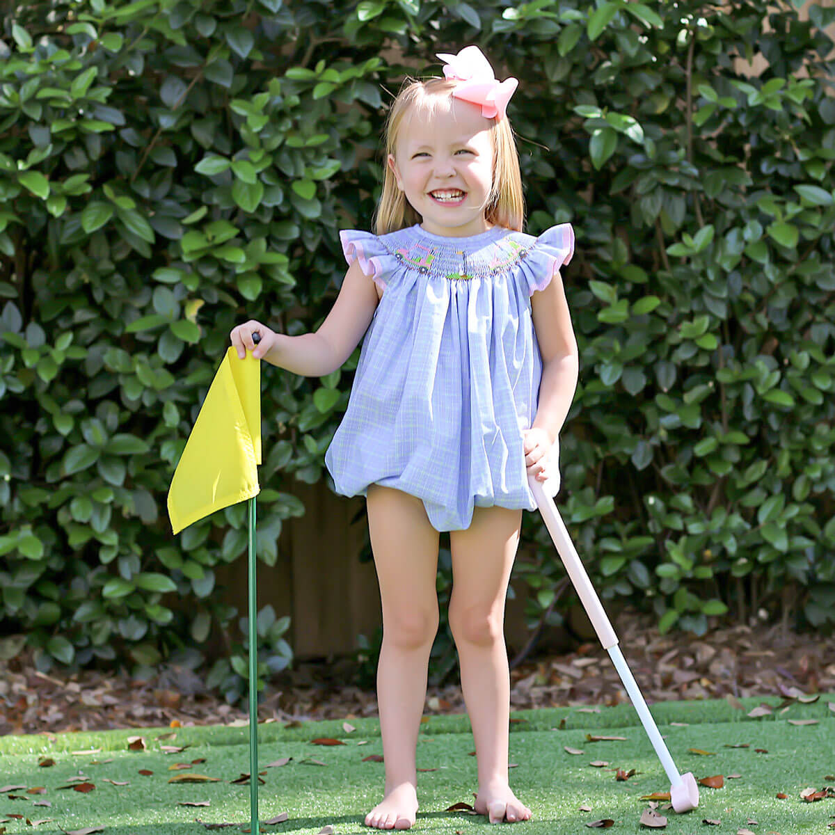Play Golf Blue Plaid Smocked Angel Sleeve Bubble