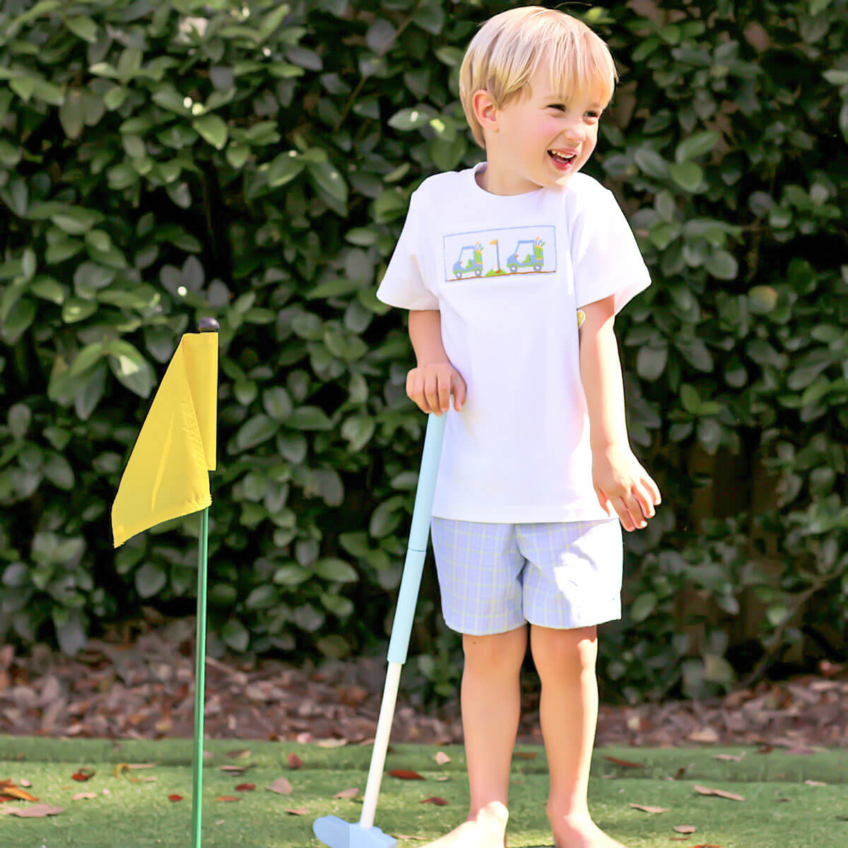 Play Golf Blue Plaid Smocked Short Set