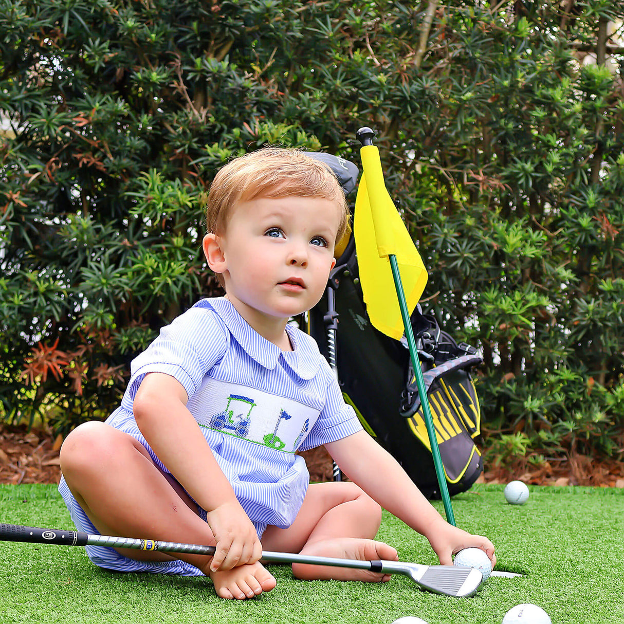Golf Course Blue Stripe Smocked Collared Bubble