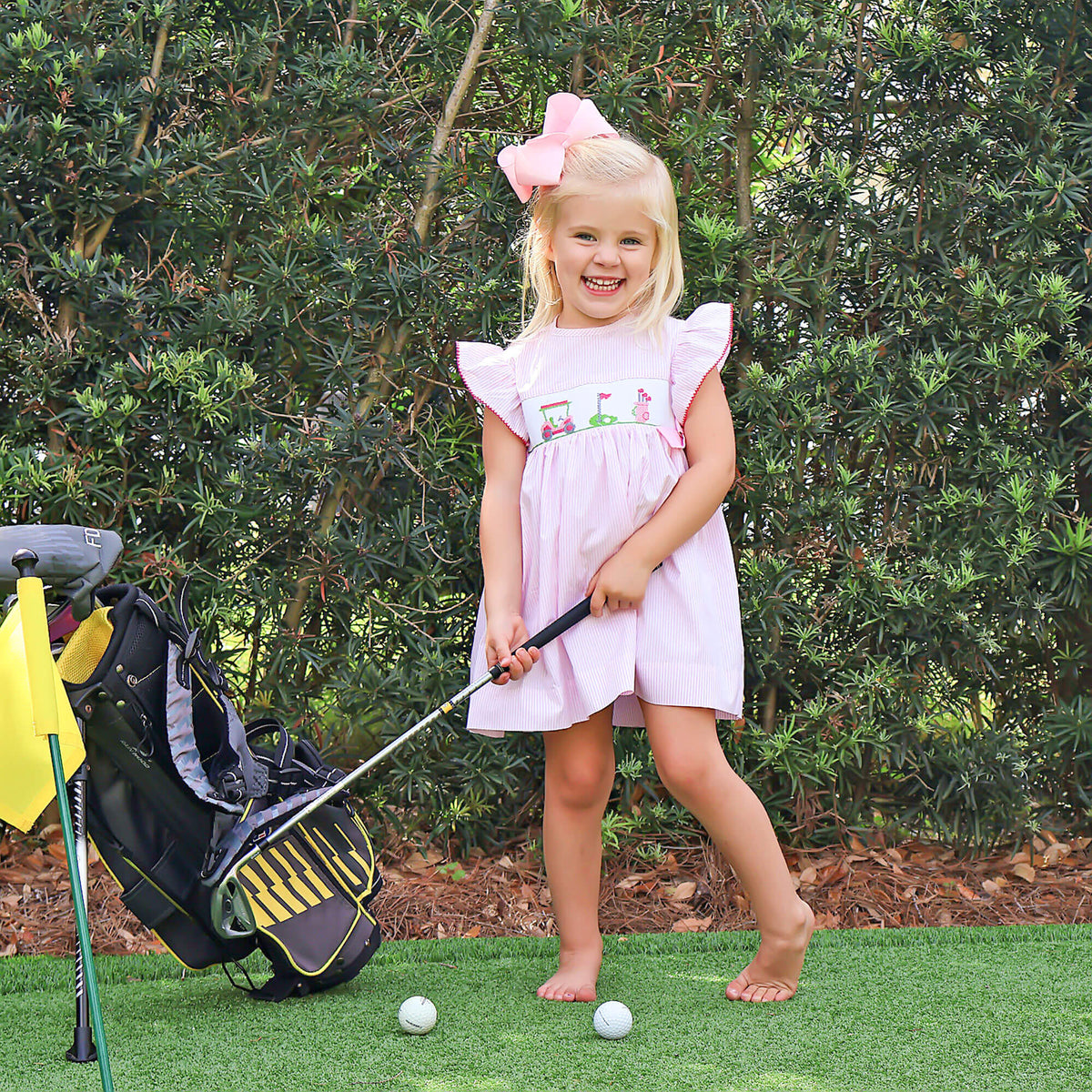 Golf Course Pink Stripe Smocked Side Tie Dress Classic Whimsy Golf Course Pink Stripe Smocked Side Tie Dress Classic Whimsy