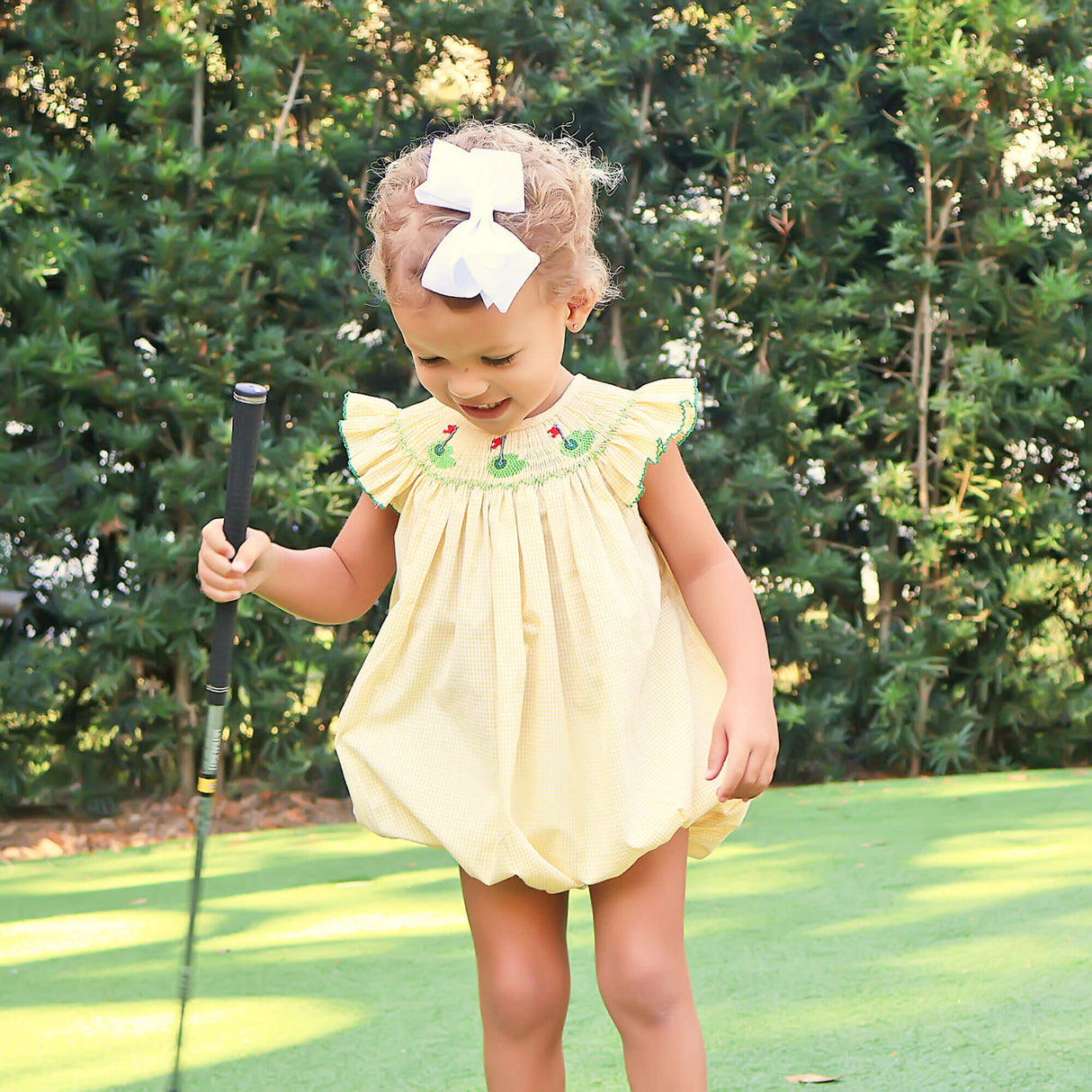 Golf Pin Yellow Gingham Smocked Bubble