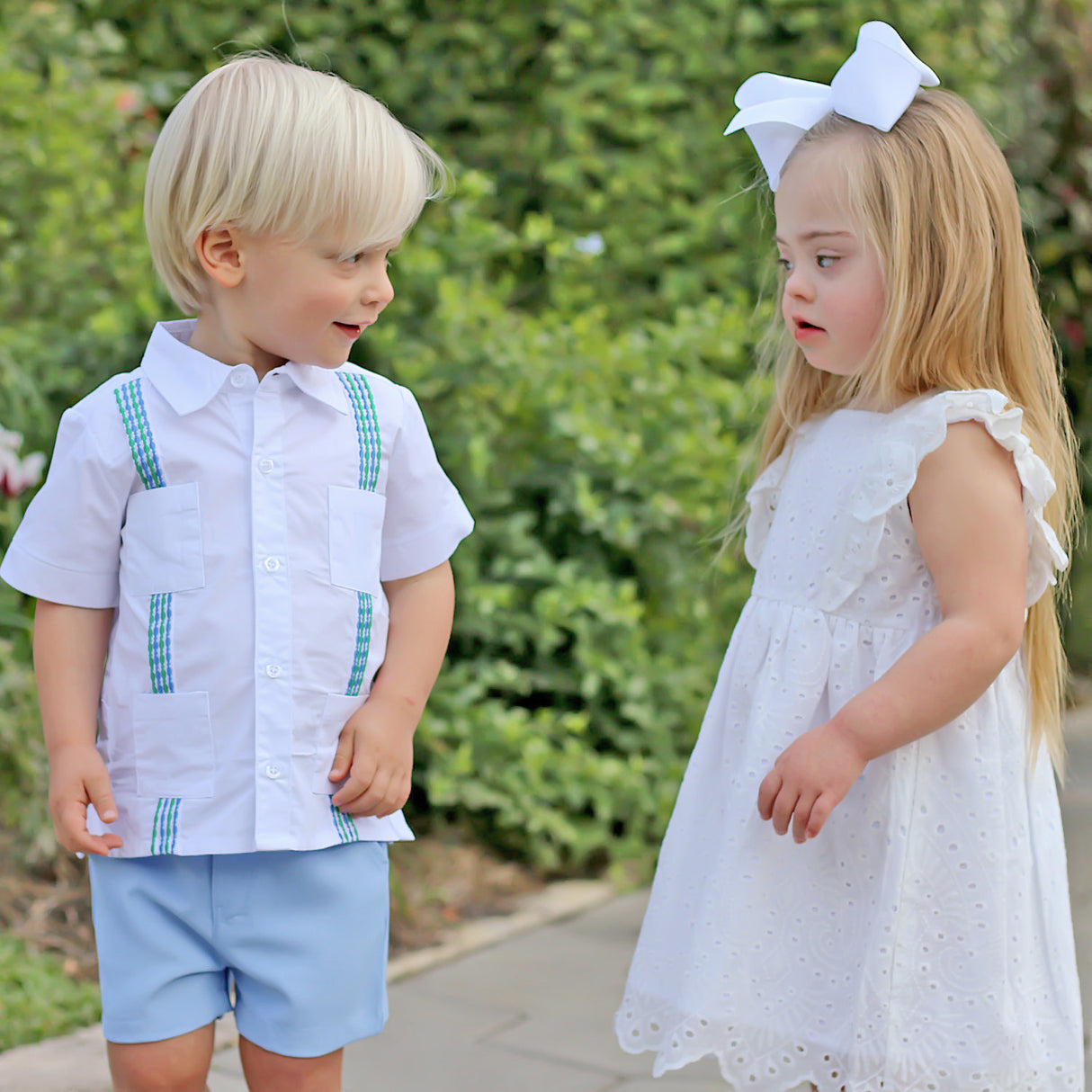 White with Blue & Green Embroidered Guayabera Shirt