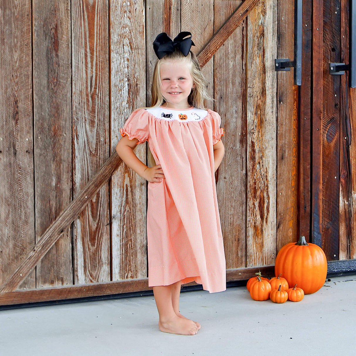 Scary Smocked Orange Gingham Bishop Dress