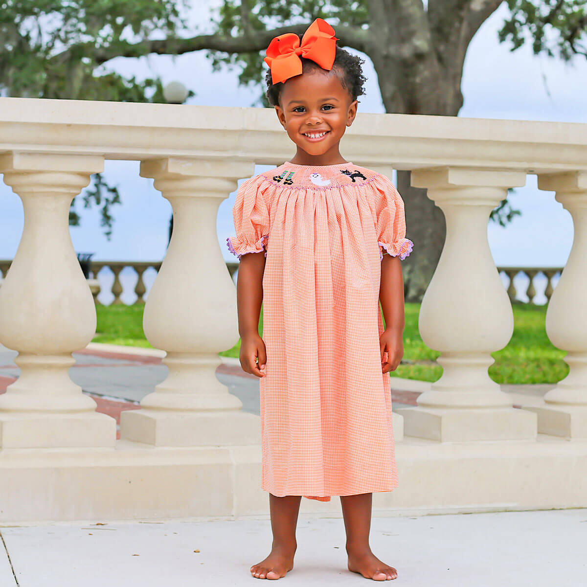 Smocked Halloween Orange Gingham Dress