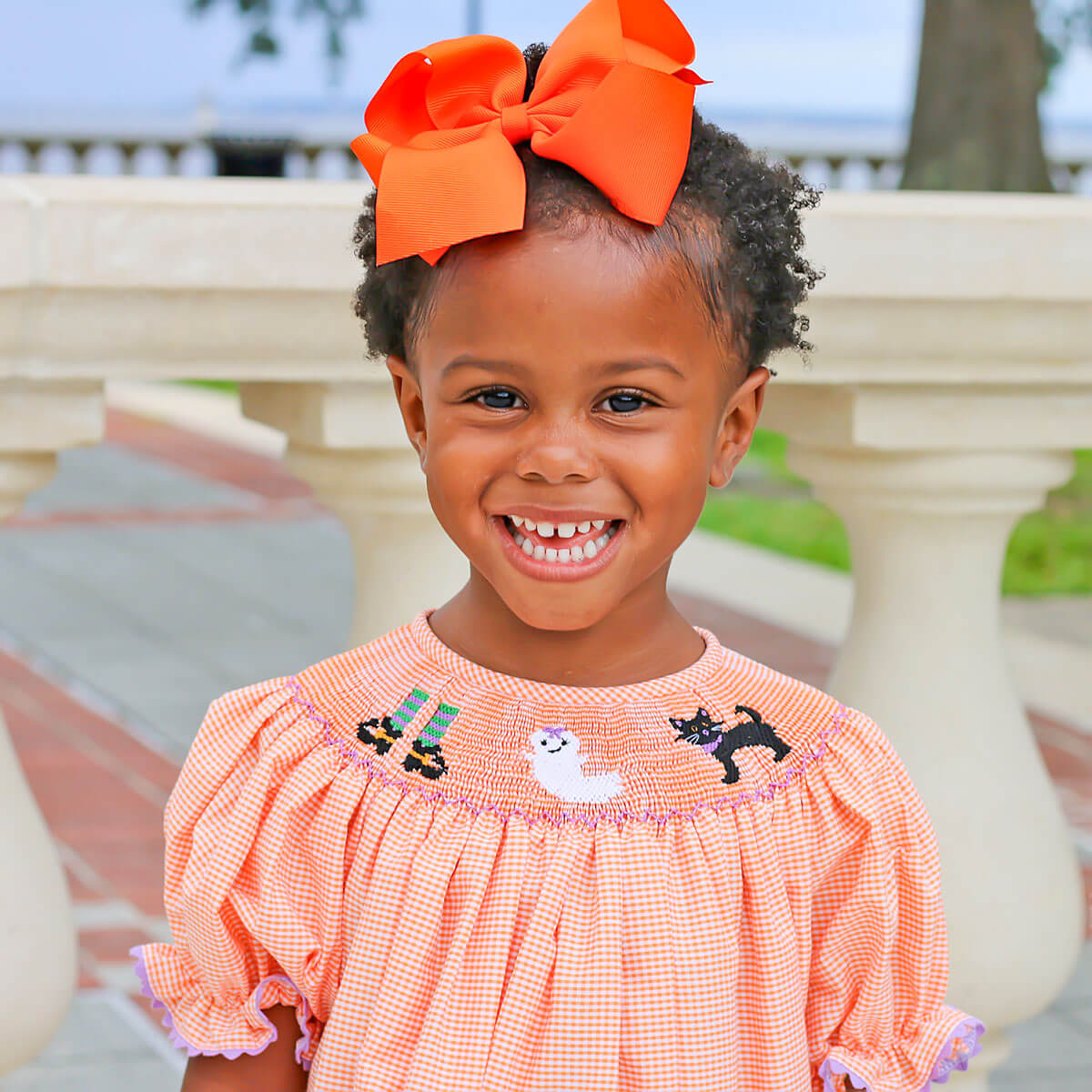 Smocked Halloween Orange Gingham Dress