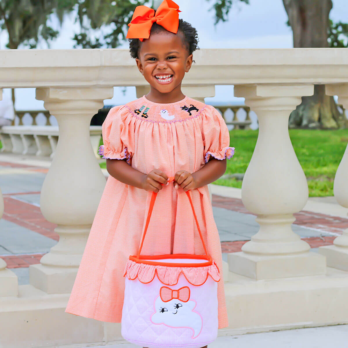 Smocked Halloween Orange Gingham Dress