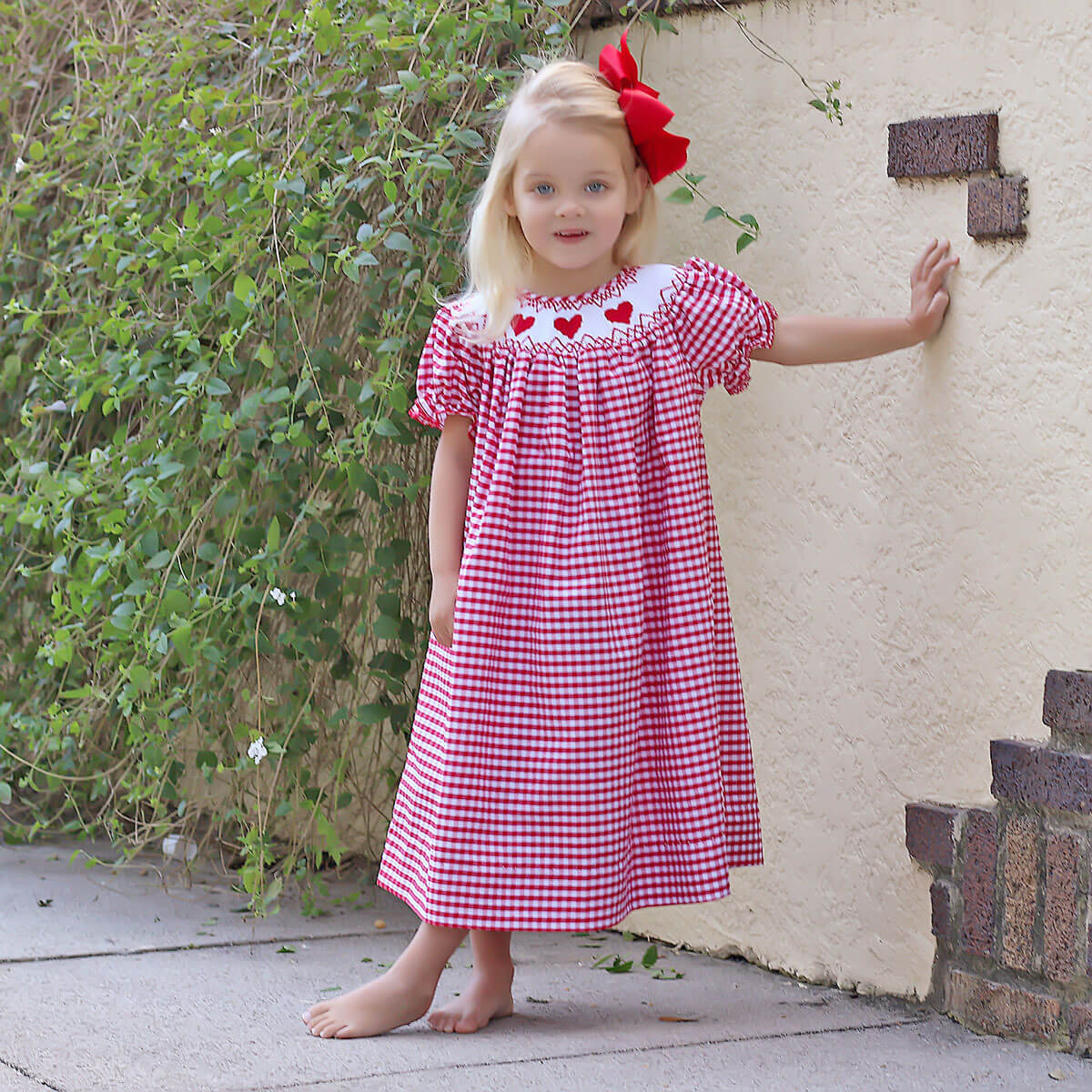 Heart Smocked Red Check Bishop Dress