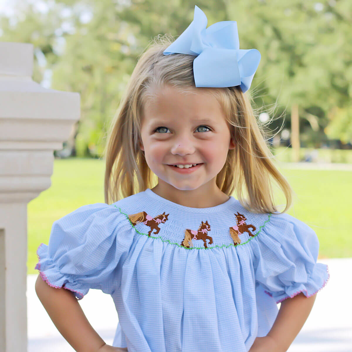 Horse Smocked Light Blue Bubble