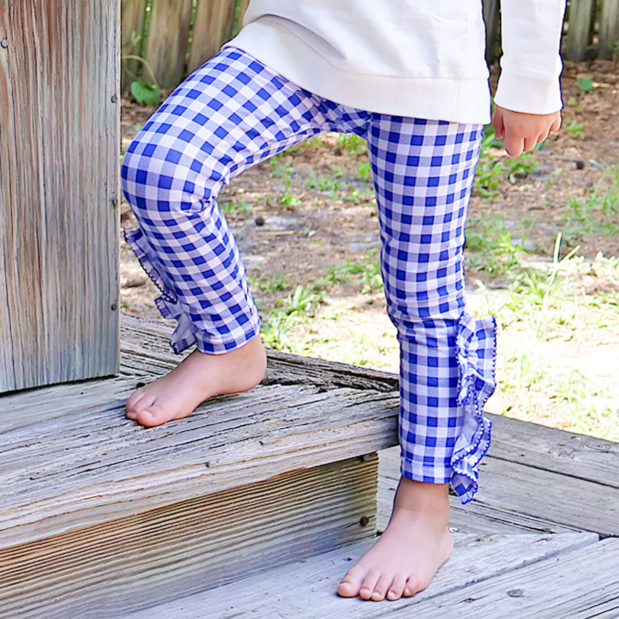 Royal Blue Gingham Side Ruffle Leggings