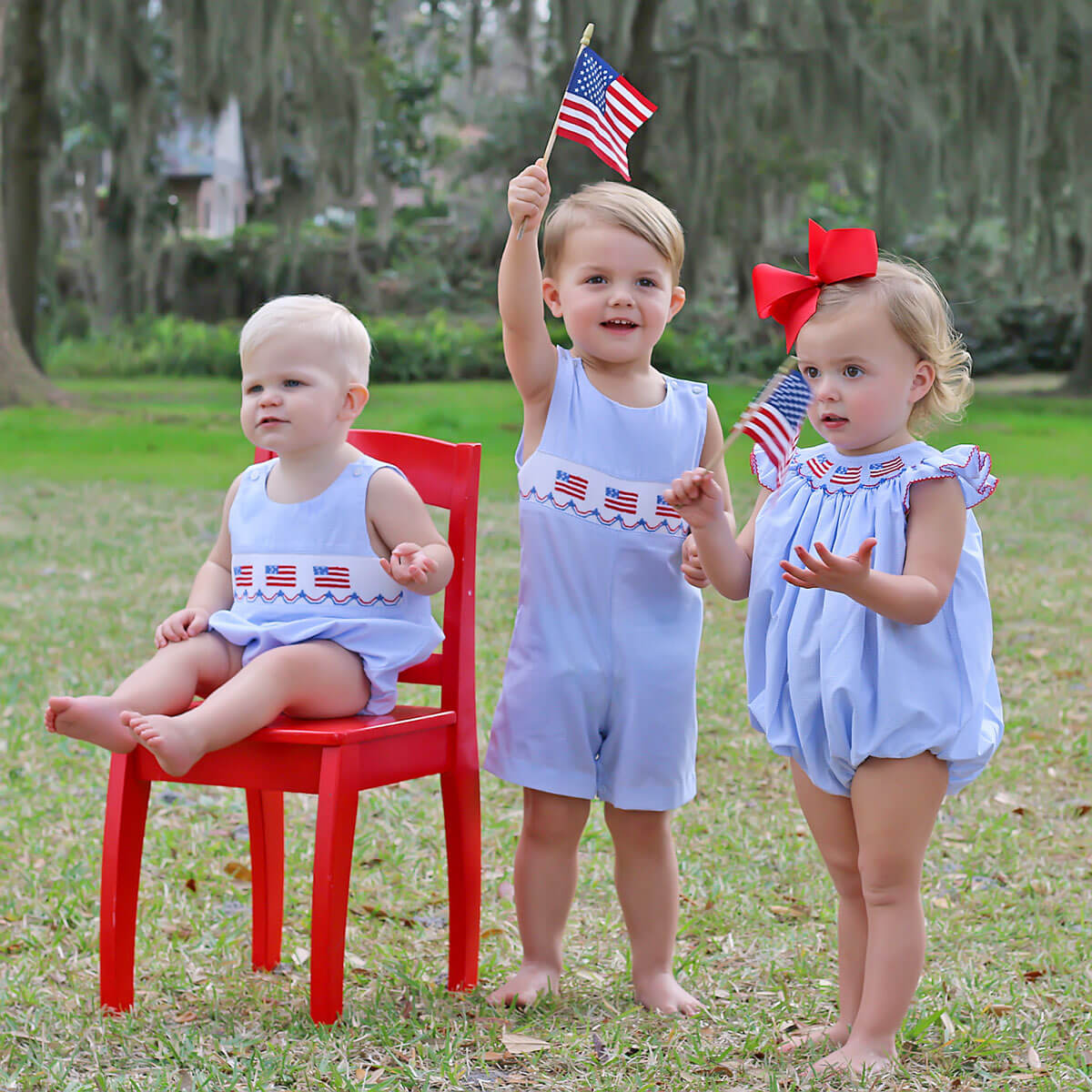 Light Blue Gingham Flag Smocked Sun Bubble