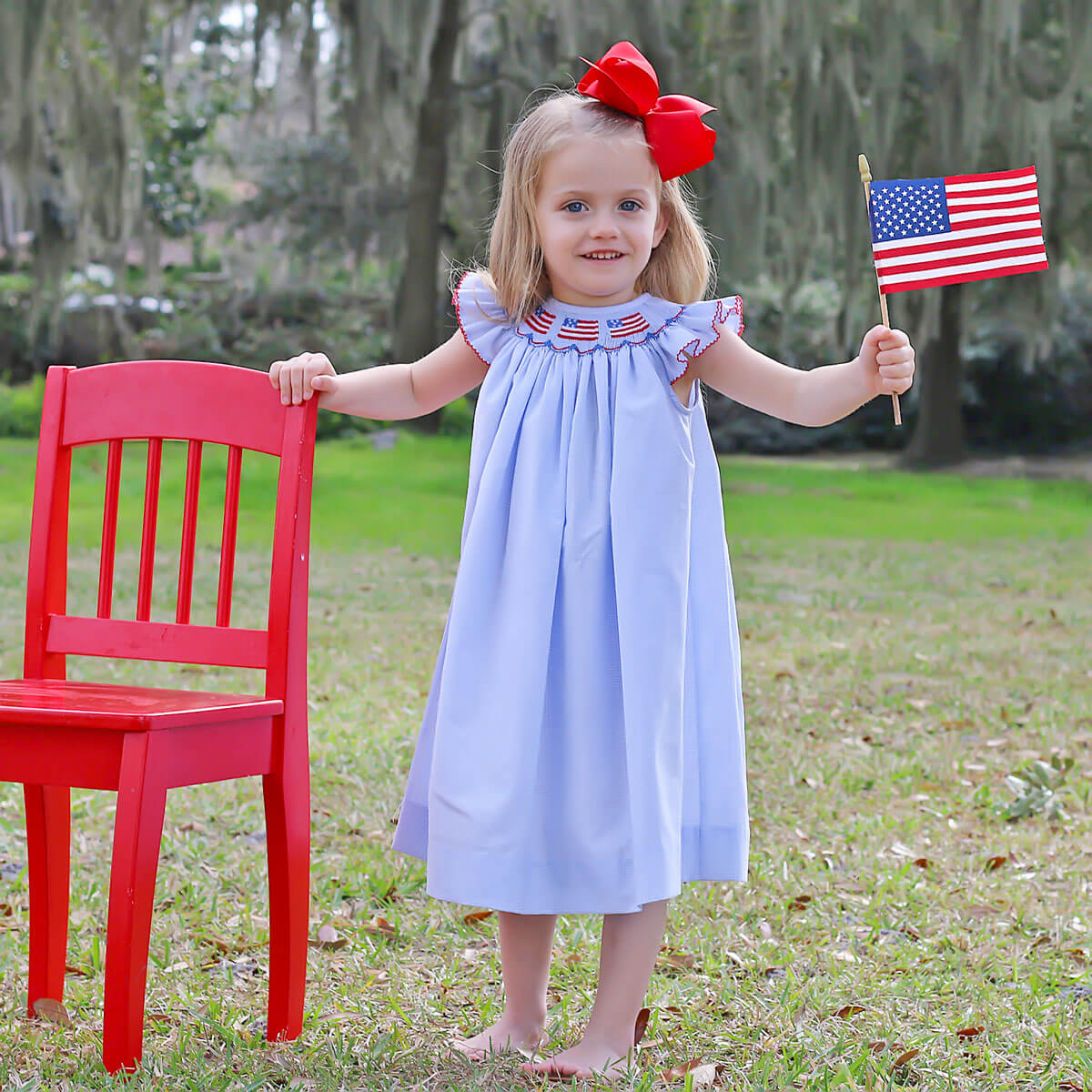 Light Blue Gingham Flag Smocked Dress