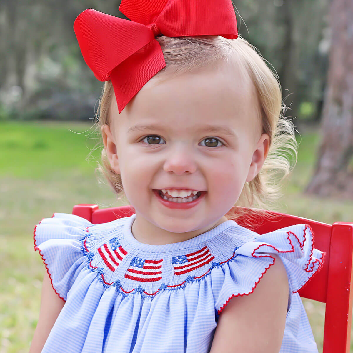 Light Blue Gingham Flag Smocked Bubble