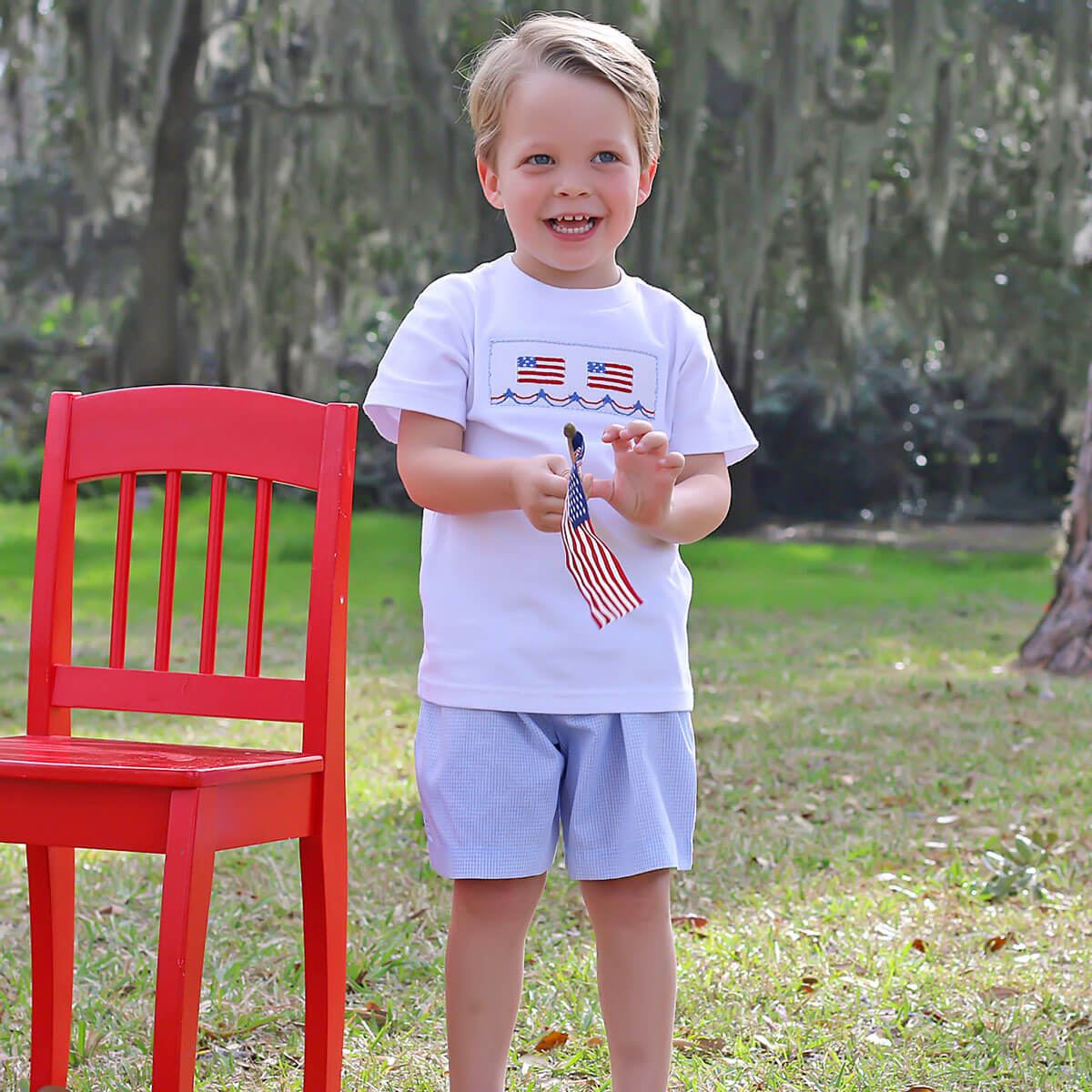 Light Blue Gingham Flag Smocked Short Set