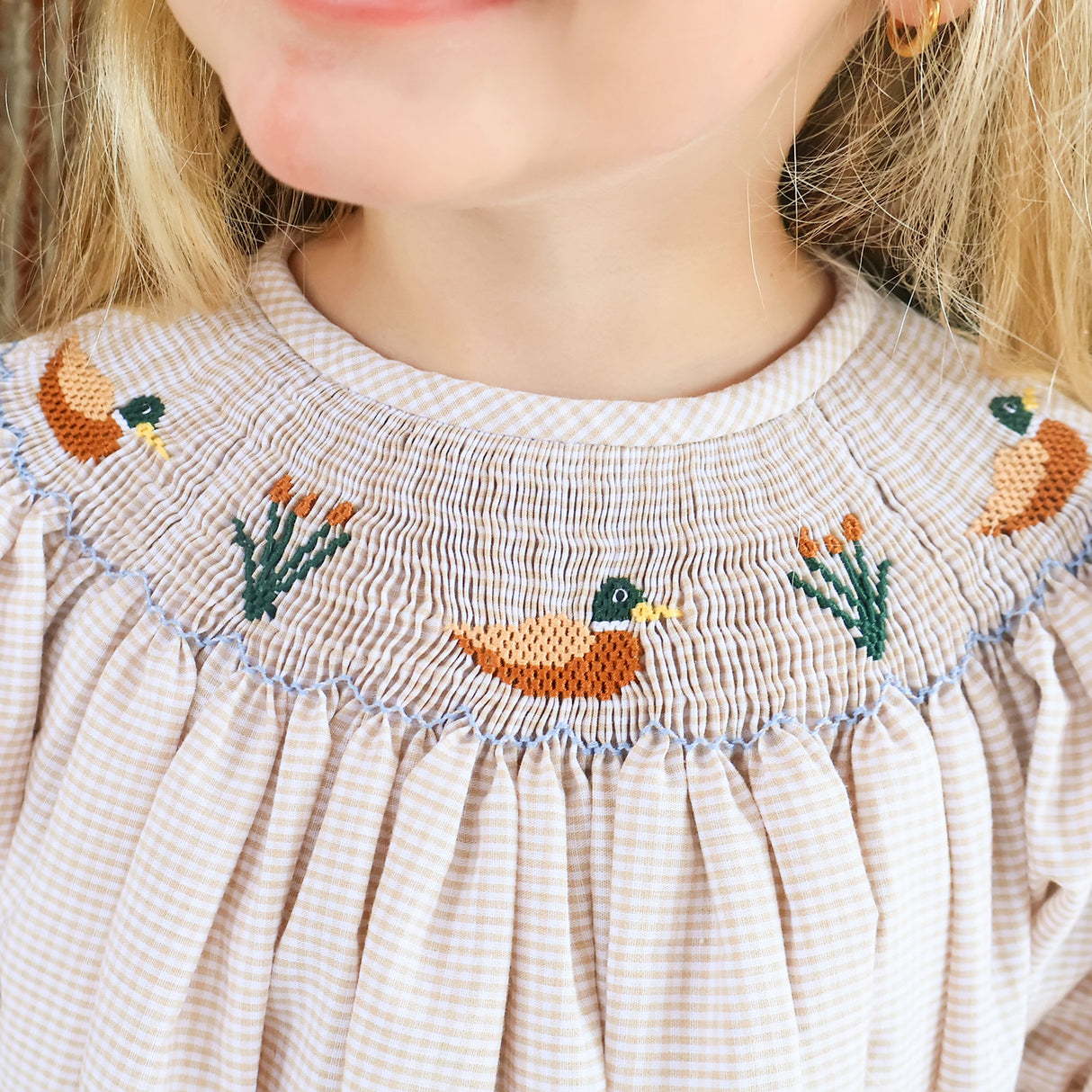 Mallard Smocked Tan Gingham Bishop Dress