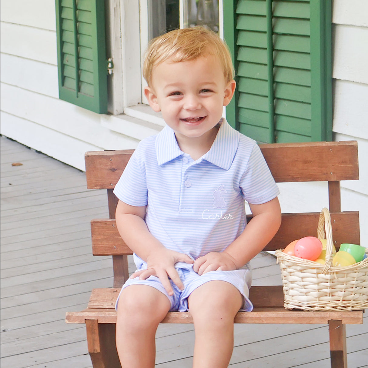 Bunny Light Blue Stripe Polo Romper
