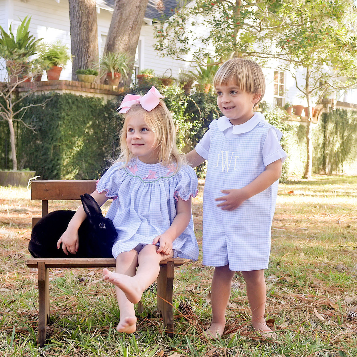 Bunny Love Smocked Light Blue Windowpane Bloomer Set
