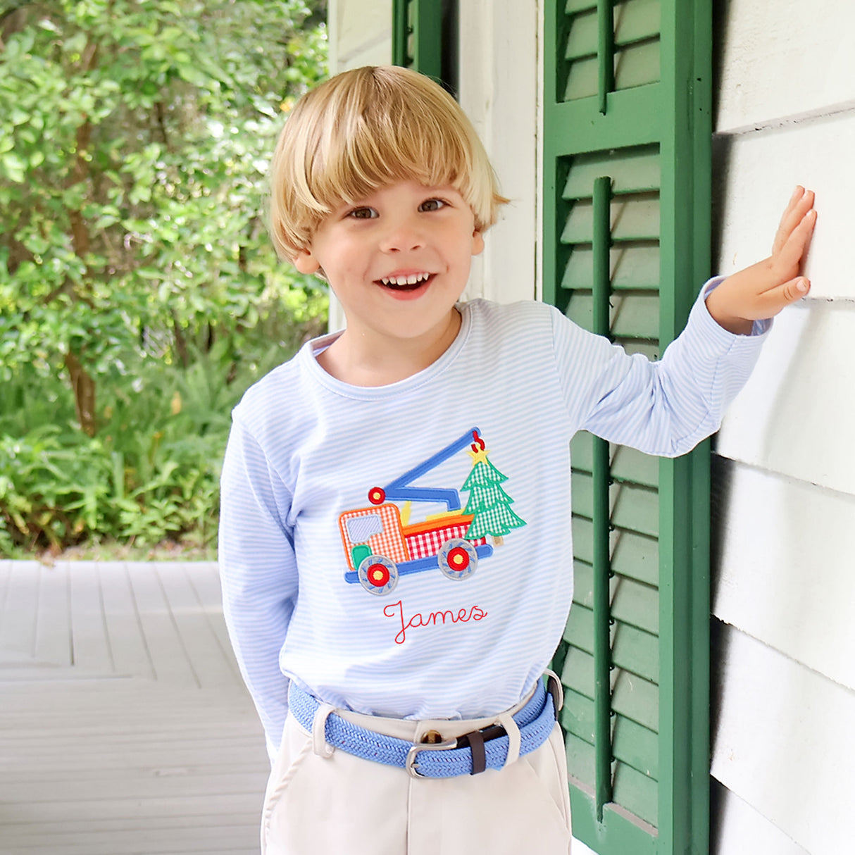 Christmas Crane Light Blue Stripe Long Sleeve Shirt