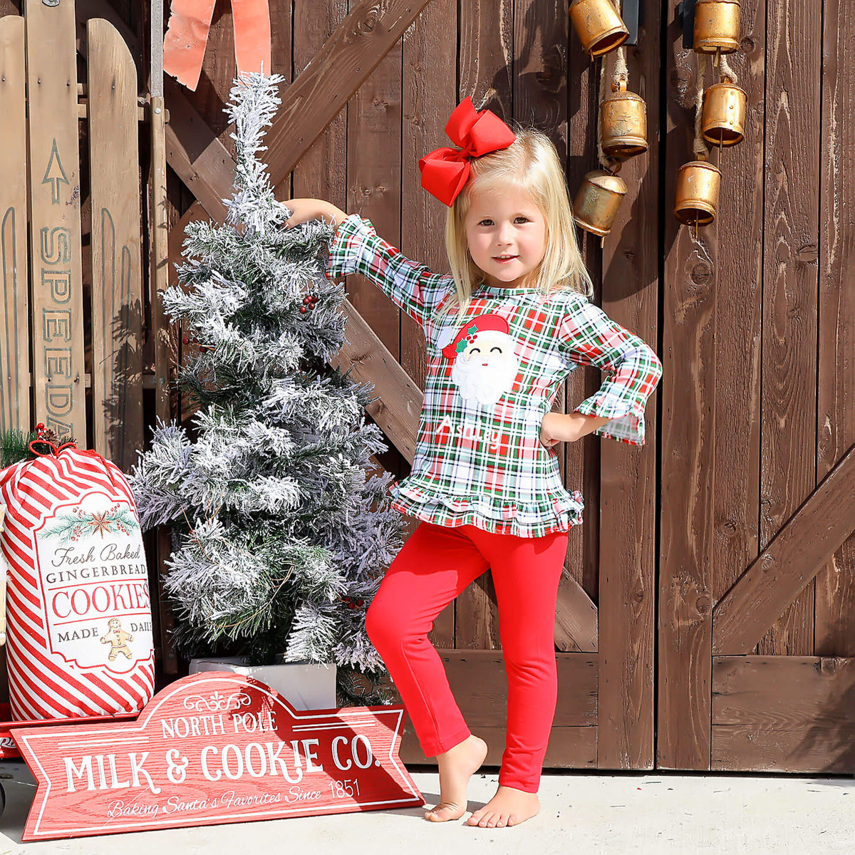 White Plaid Christmas Leggings Mommy And Me Santa Applique Red