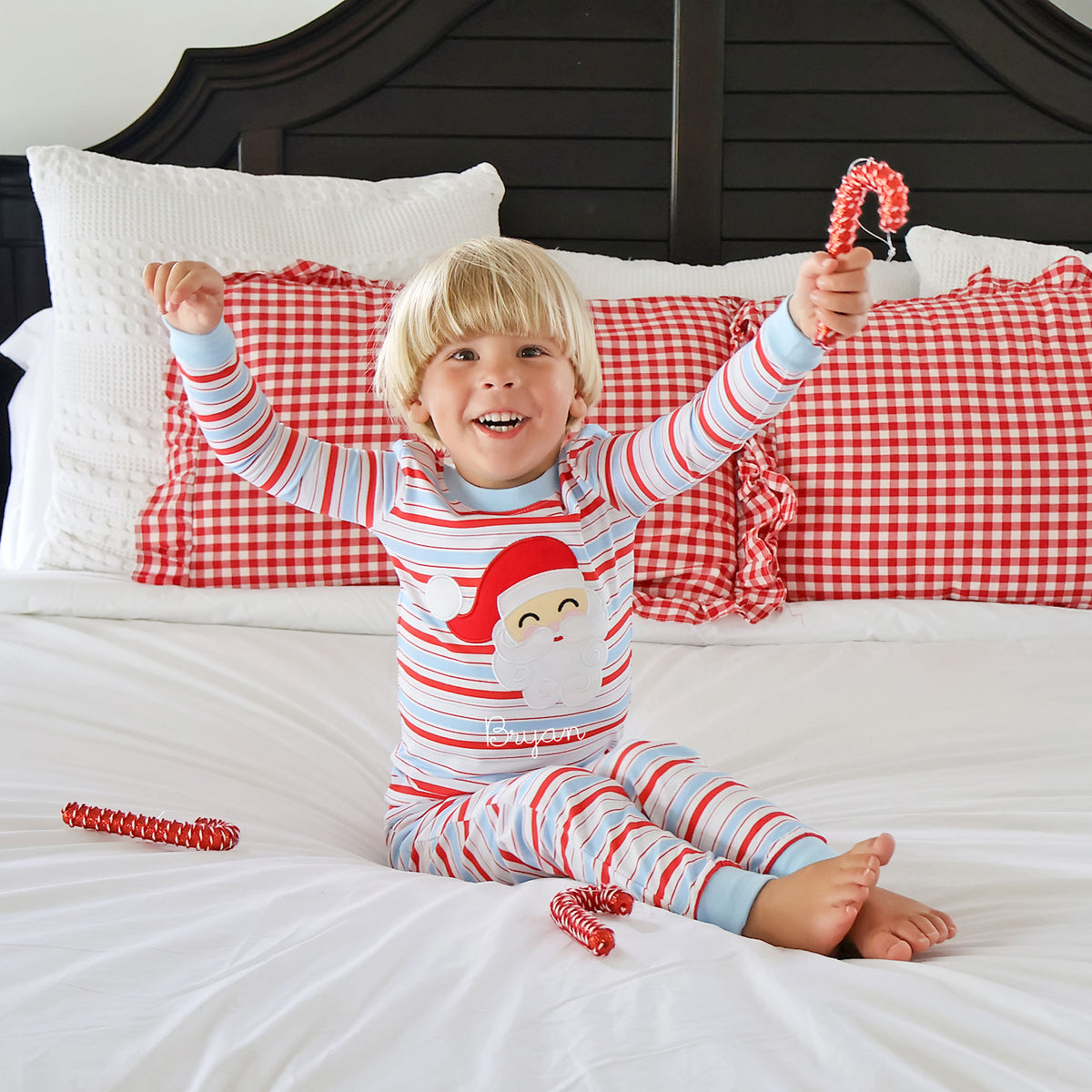 Happy Santa Red & Blue Stripe Pajamas