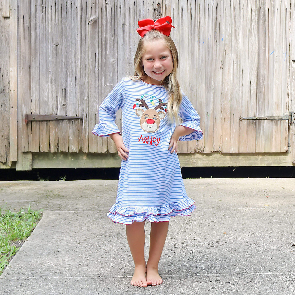 Reindeer Lights Blue Stripe Milly Dress
