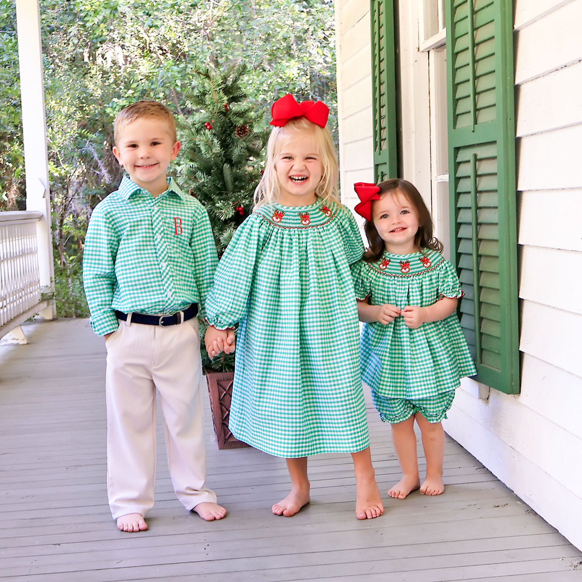 Reindeer Smocked Green Gingham Bishop Bloomer Set