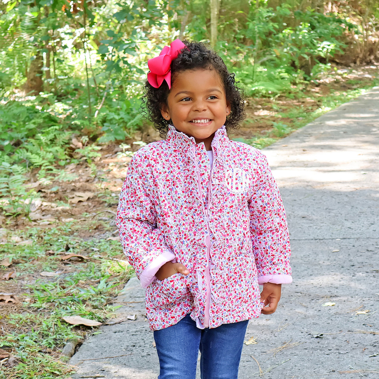 Pink Floral Quilted Ruffle Coat