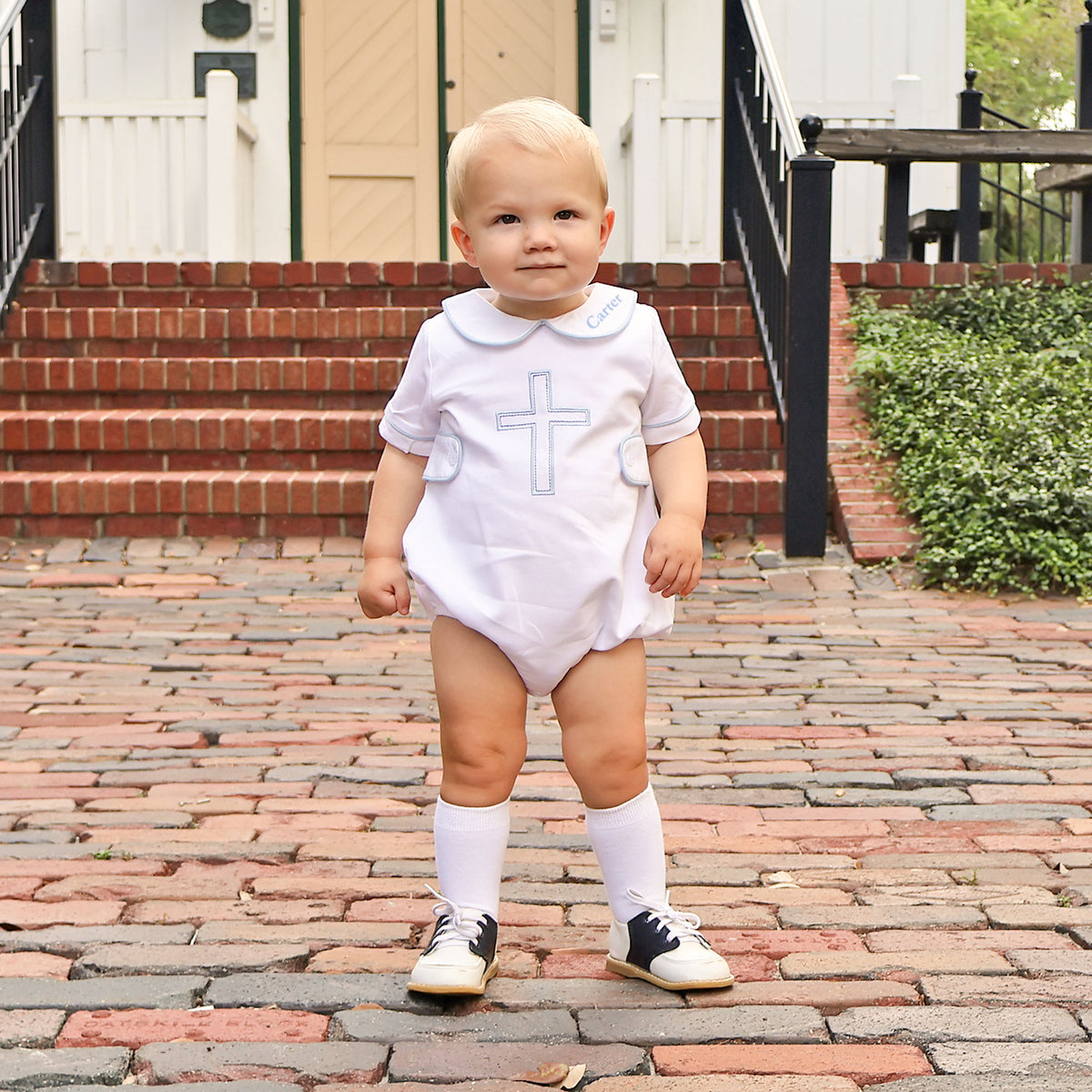 Cross Embroidered White Collared Bubble